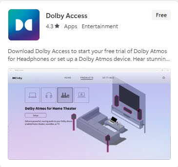 Microsoft Store Dolby Access listing example showing a free listing