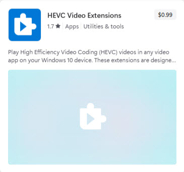 Microsoft Store HEVC Video Extensions listing example showing a paid price